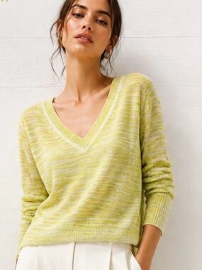 Anthropologie MOTH Sweater Striped V Neck Pullover Mesh Cotton Lightweight Green
